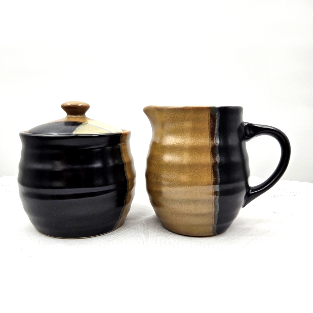 Sango China Sugar‎ Bowl Creamer Pitcher Set Black Gold Ceramic